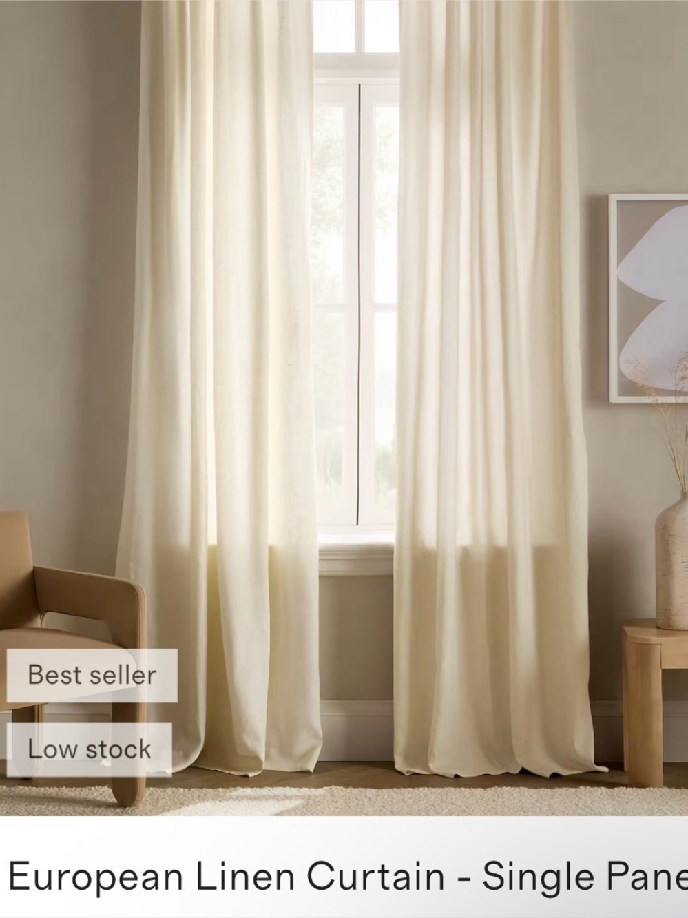 Quince European Luxe Linen Curtain Panel Ivory 48x96 (one panel)